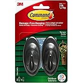 Command Outdoor Terrace Hooks, 2 Hooks and 4 Strips, Damage-Free Hanging Wall Hook for Hanging Back to School Decorations with Weather Resistant Strips, Holds up to 3 lb