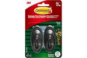 Command Outdoor Terrace Hooks, 2 Hooks and 4 Command Strips, Damage-Free Hanging Wall Hook for Hanging Christmas Decorations with Weather Resistant Strips, Holds up to 3 lb