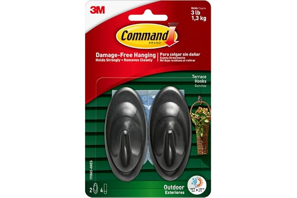 Command Outdoor Medium Terrace Hooks, Black, 3 lb Capacity, Water-Resistant Strips, 2-Hooks, 4-Strips, Decorate Damage-Free