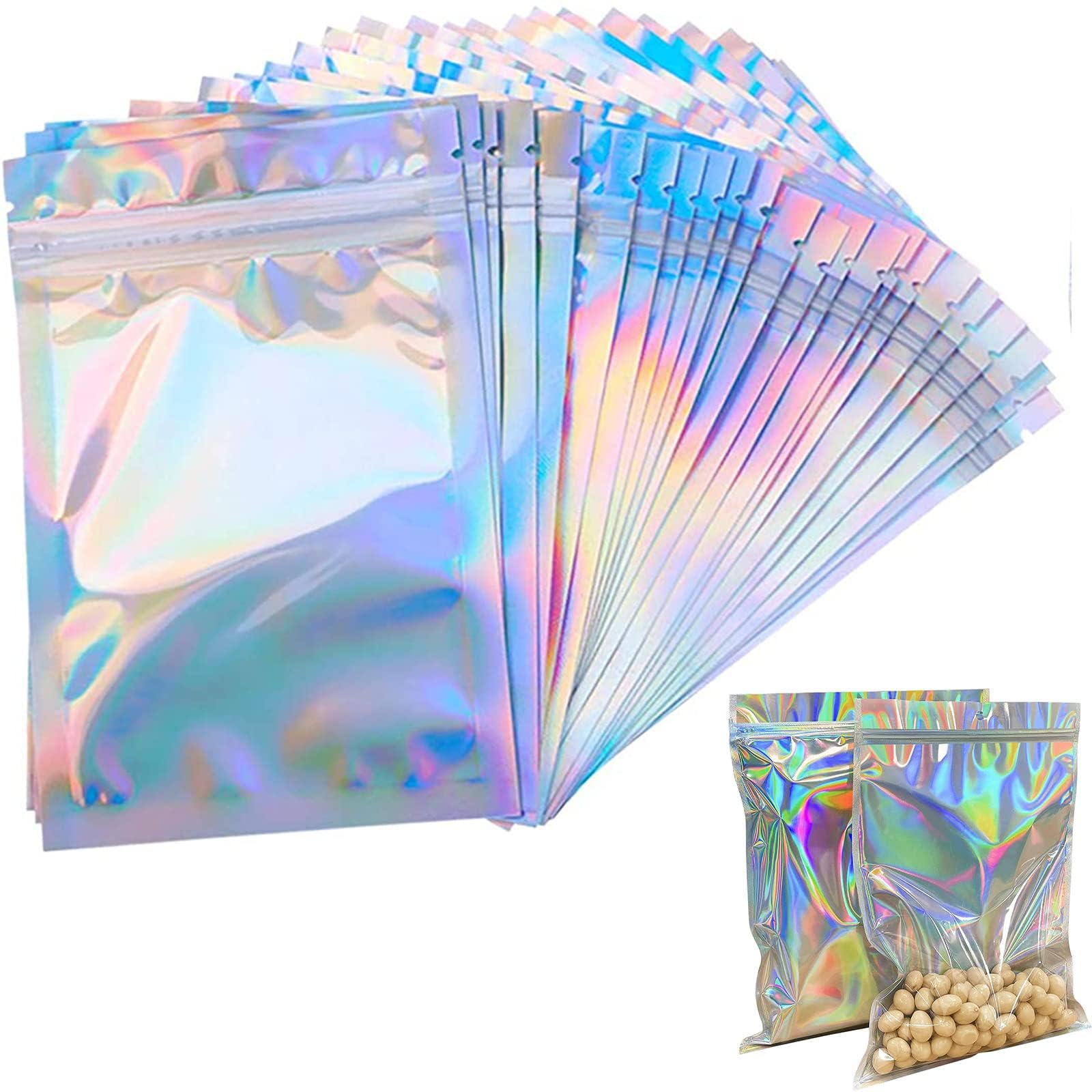 10.5 * 15cm Holographic Bags, 100pcs Clear Golden Resealable Mylar Bags,Mylar Bags, Smell Proof Bags Holographic Packaging Bags,Packaging Bags,Reusable Zip Bags,For Spice, Sweets Packaging