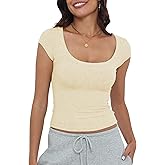 Artfish Women's Short Sleeve T-Shirts Low Scoop Neck Slim Fitted Ribbed Knit Casual Longer Crop Top