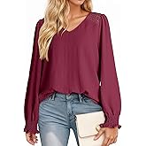 Dokotoo Womens Fall Fashion 2025 Business Casual V Neck Long Sleeve Lace Trim Tops with Smocked Cuffs Loose Blouses