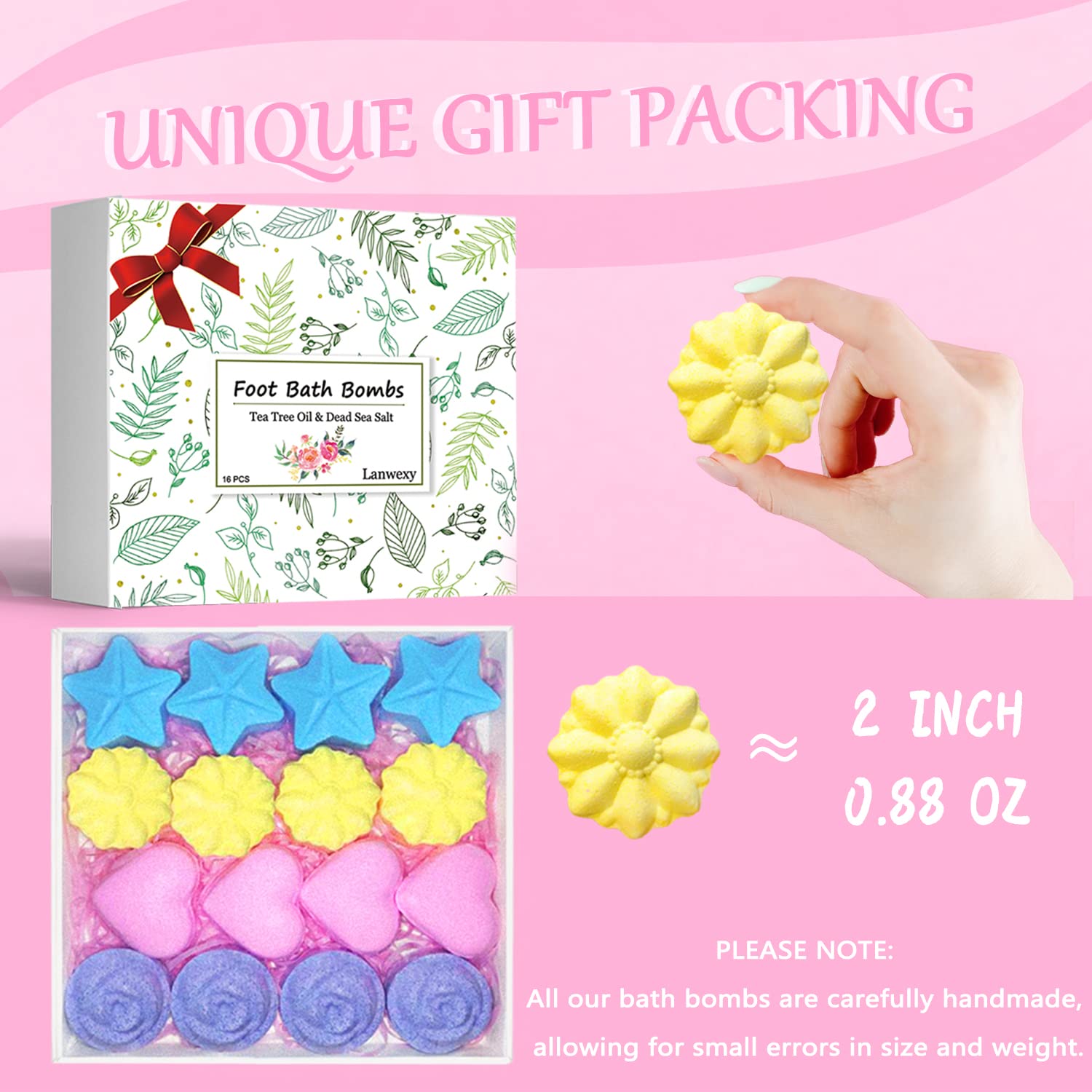 Bath Foot Bombs, 16 Pack Foot Soak with Bath Salt and Tea Tree Oil. Organic Natural Handmade Aroma Pure Essential Oil Bubble Foot Balls for Feet Callus, Dry Cracked, Stubborn Feet Odor Scent.