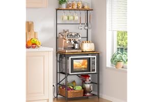 DAOUTIME Kitchen Bakers Rack with Power Outlet, 4-Tier Coffee Bar Station with 6 S Hooks, Microwave Stand for Kitchen, Living Room, Farmhouse, 23.62" W x 15.74" D x 57.13" H, Rustic Brown
