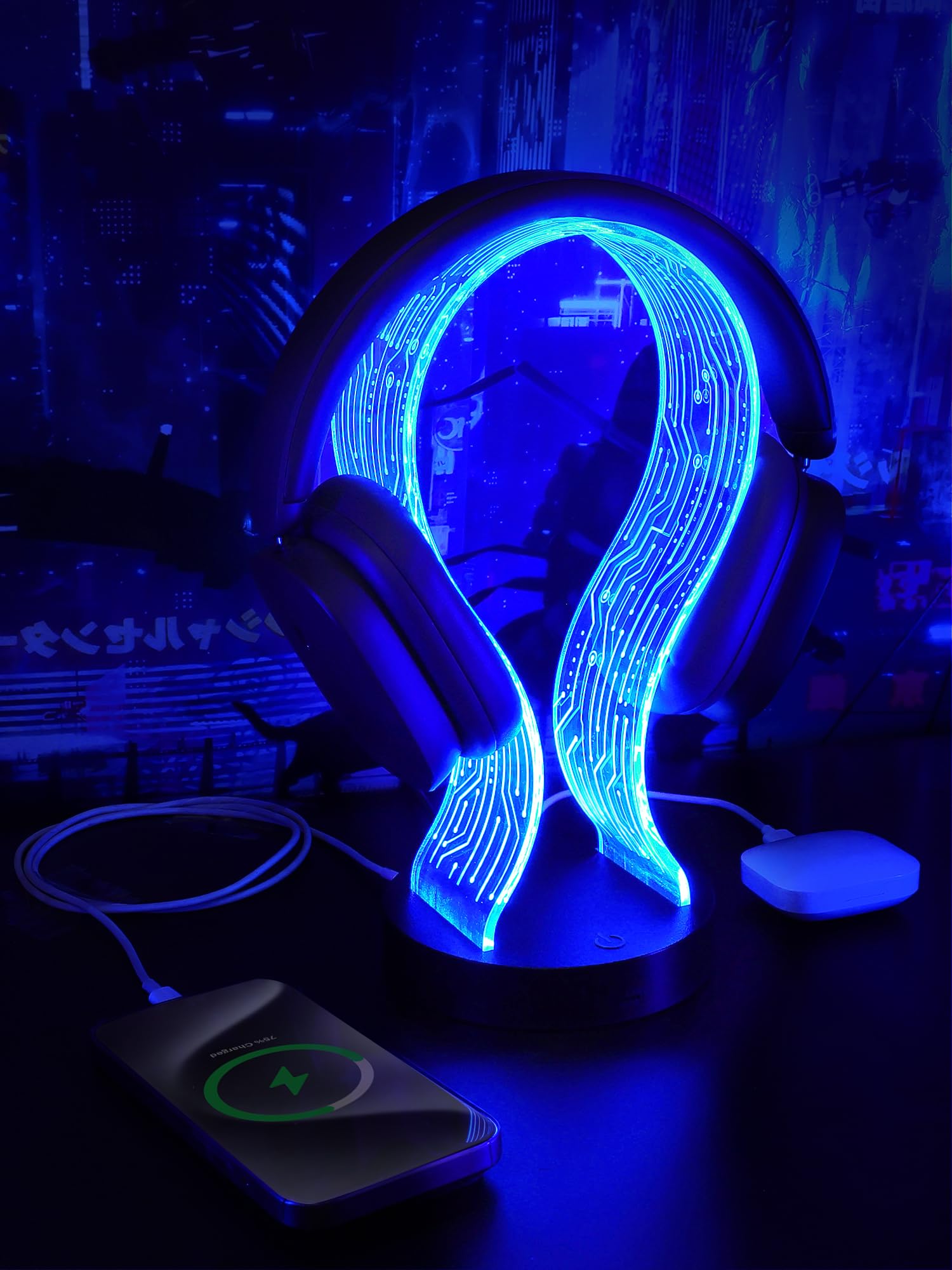 CoolGift Mart Beleuchteter Kopfhörerständer mit 16 Farbe Lichter, PCB-Muster Acryl Kopfhörer Stand mit 1 USB und 1 Typ-C Ladeanschlüsse, Geschenke für Gamer Männer und Musikliebhaber