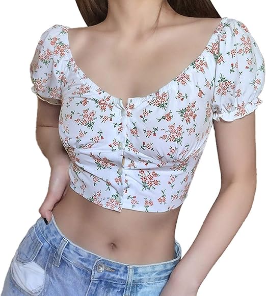 Women Floral Puff Short Sleeve Summer Square Buttons Neck Crop Blouse Tops at Amazon Womenâs 
