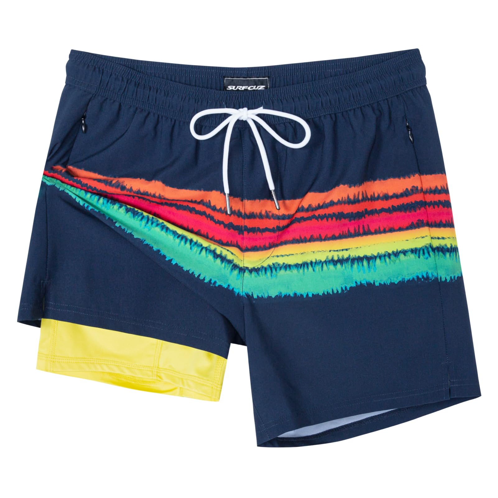 SURF CUZ Mens Swim Trunks with Compression Liner 5" Swim Shorts Quick Dry Bathing Suit Swimming Trunks Zipper Pockets Navy Swoosh Stripe Medium Image
