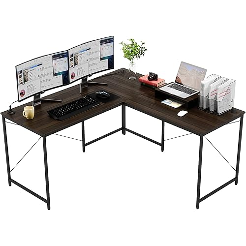 Bestier 59.4 Inch L Shaped Computer Desk, Reversible L Shaped or Long Desk with Free Monitor Stand, Home Office 2 Person Corner Table with 1 USB Charger Socket and 2 Cable Managements, Brown