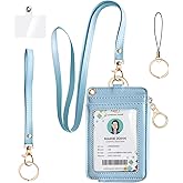 bolimoss 2-in-1 ID Badge Holder & Lanyard Wallet Women Leather Vertical ID Badge Card Holder with Detachable Wristlet & Neck Lanyard, 1 Clear ID Window, 4 Credit Card Slots, 1 Cash Coin Slot Baby Blue