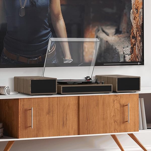 VINYL RECORD PLAYER WITH DUAL STEREO BOOKSHELF SPEAKERS VINTAGE TURNTABLE WITH BLUETOOTH WIRELESS PLAYBACK BELT DRIVE 3-SPEED PLAYBACK RECORD PLAYER SUPPORT RCA OUT AUTO STOP