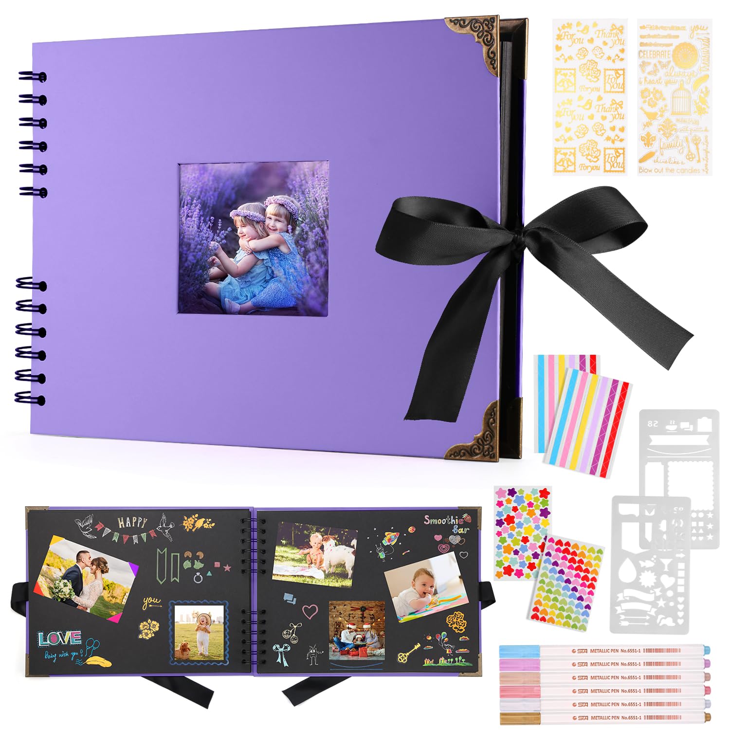 DazSpirit Photo Books, 29.5 X 21 CM Wedding Photo Albums, Photo Album with Writing Space, 80 Pages Scrapbook, for 240 Pictures, 6 Color Marker Pen, Personalised Photo Book for Anniversary (Purple)