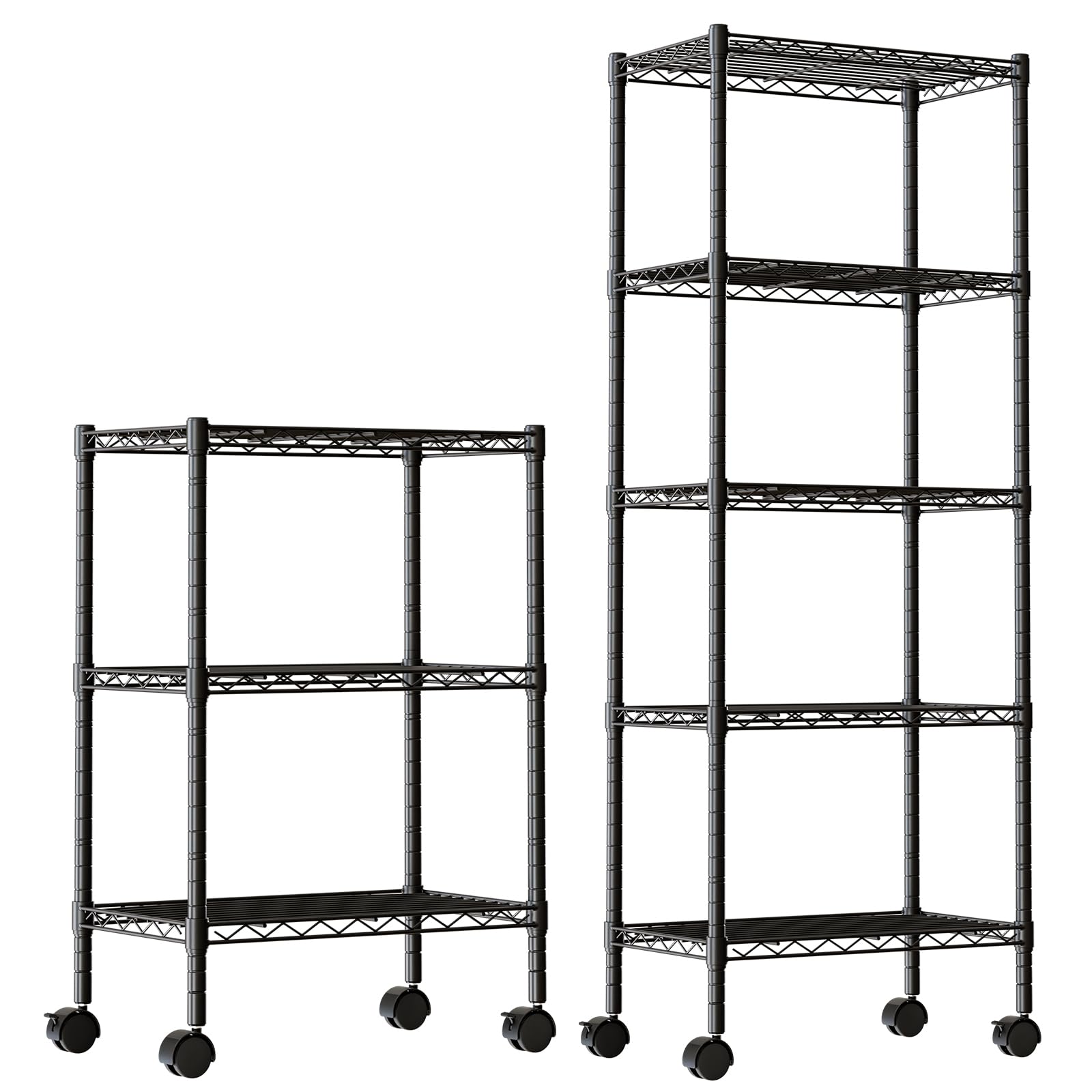 DUMOS 2 Pack 3Tier 5Tier Metal Shelving, Heavy Duty Shelves Wire Shelving Unit with Removable Wheel Casters, Shelves Organizer for Bathroom Garage Living Room Kitchen Pantry Laundry