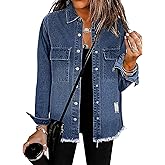 Necooer Women's Jean Jacket Distressed Washed Button Up Boyfriend Denim Jacket Coat With Pockets