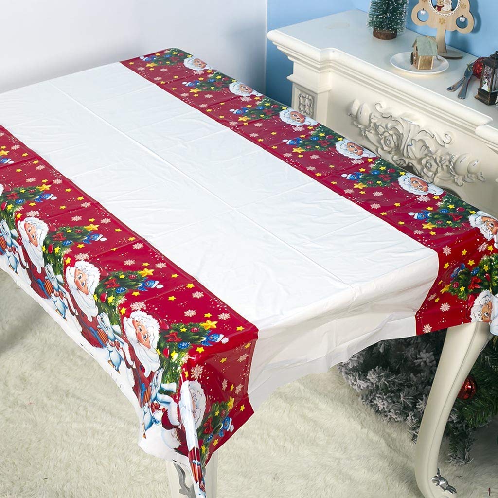 HeziCat 1PC Xmas Table Cloth Christmas Tablecloth Santa Christmas Tree Printed Waterproof PVC Tablecloth for Xmas Party Holiday Winter Home Decor, 180x110cm