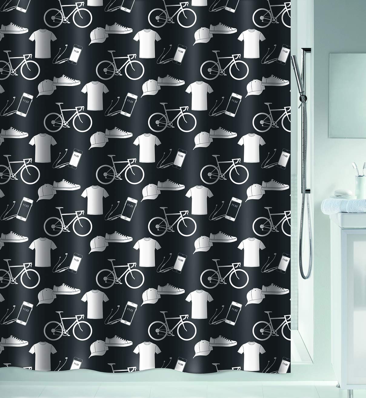 Spirella Anti-Mould Shower Curtain - Anti-Bacterial, Washable, Waterproof, Polyester, Patchwork 180 x 200 cm, Black