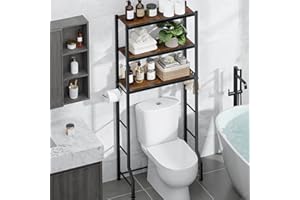 Kitsure Over-The-Toilet Storage Rack - Freestanding Over The Toilet Storage Cabinet with Paper Holder & Hooks, Bathroom Organizers and Storage, Brown + Black, 3 Tiers (61" H)