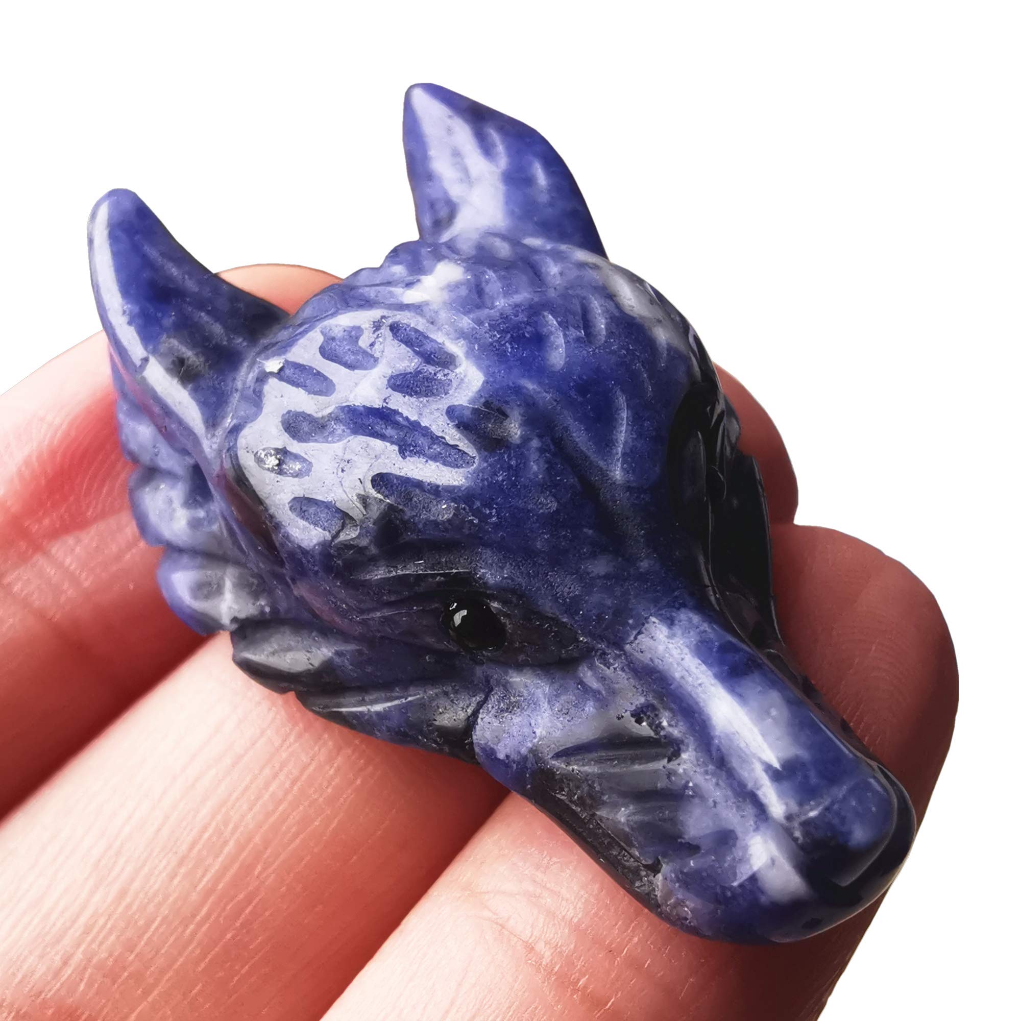 Manekieko Natural Sodalite 40mm Wolf Head Pocket Crystals and Healing Stone Figurine,Haped DIY-Jewelry Pendant