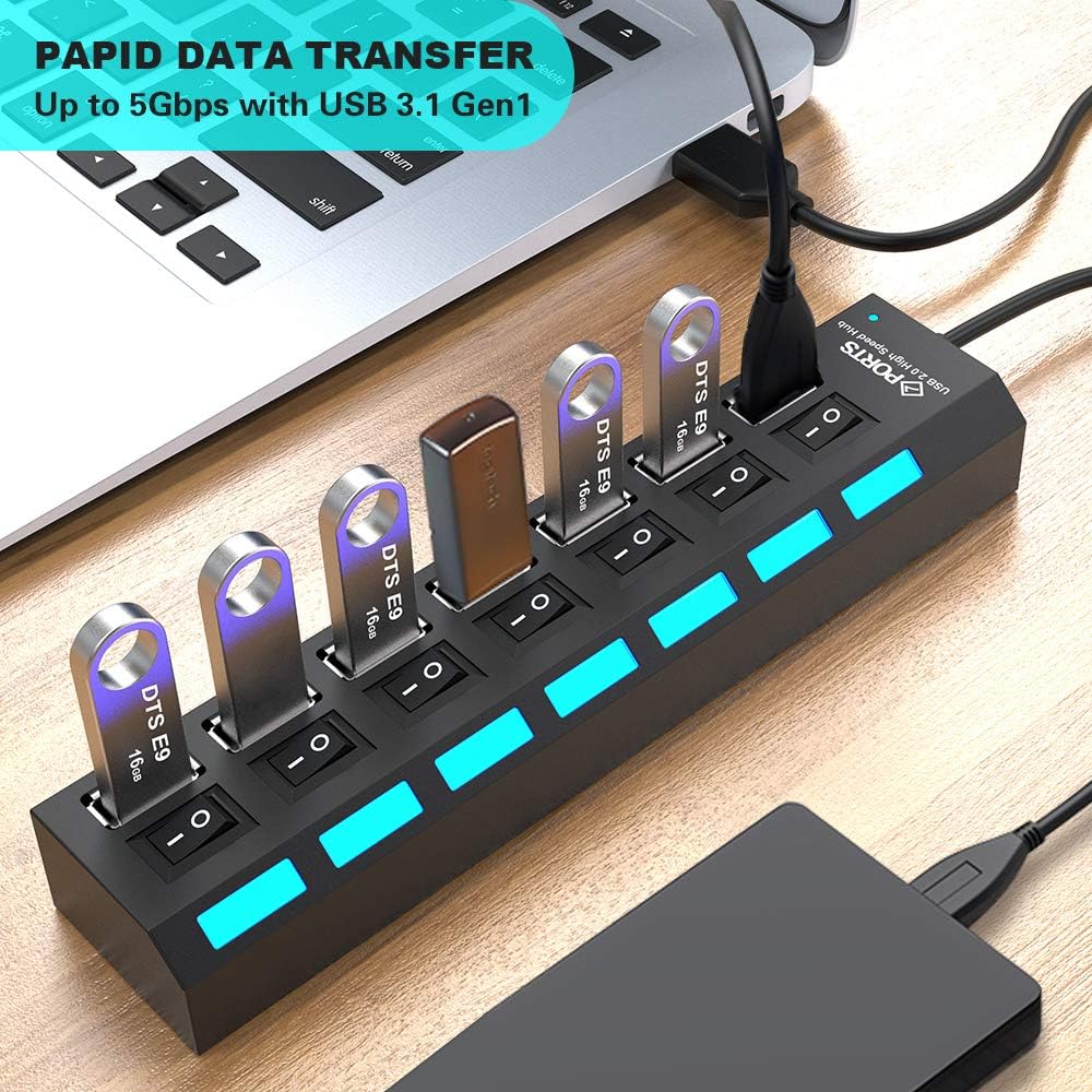 7-Ports USB 2.0 Hub High Speed ON/Off Individual Switch with LEDs Power Switches USB Hub: Computers & Accessories
