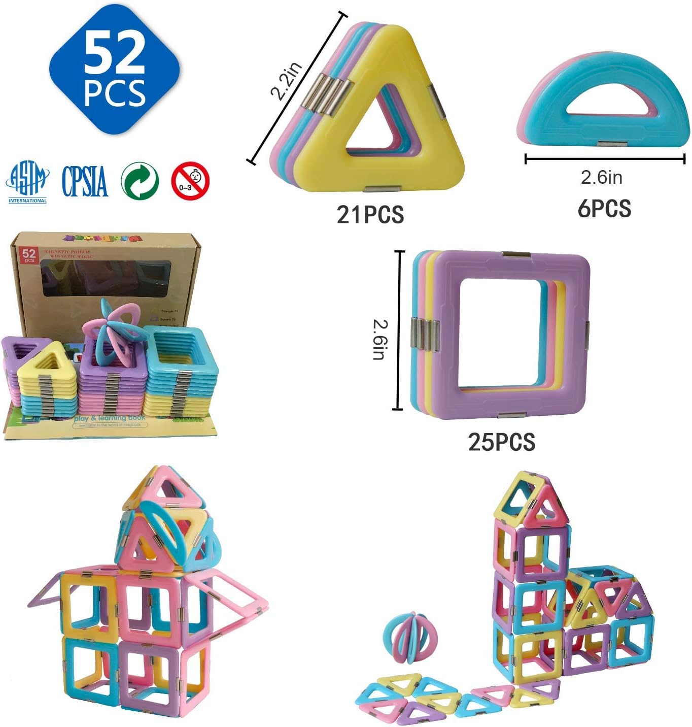 Magnetic 3D Magnet Toys 52 Pieces Set for Toddlers Boys Girls Gift Magnetic Building Blocks with Candy Color Toys: Toys & Games