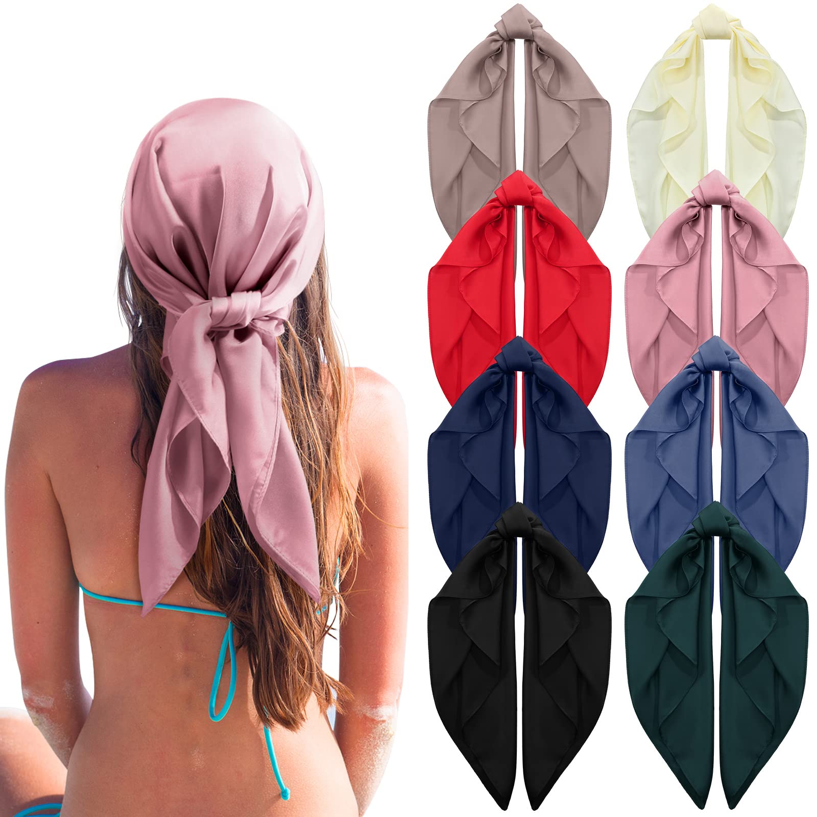 Photo 1 of Zhanmai 8 Pcs 27.5 x 27.5 Inch Square Satin Head Scarves Women Silk Bandana Hair Scarves Hair Wrap Neck Scarf for Sleeping (Mixed Colors,Stylish)