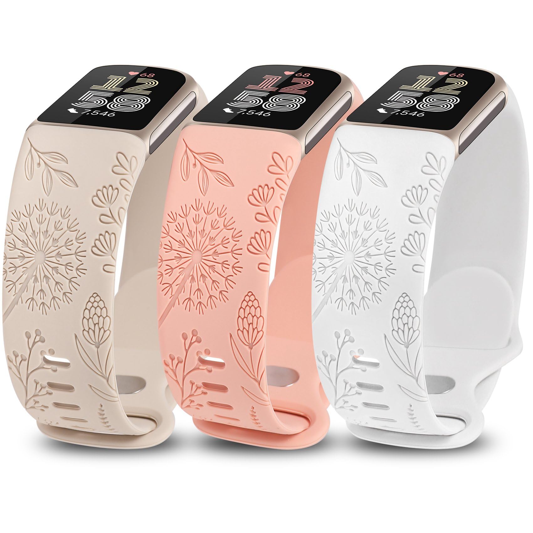 TOYOUTHS 3 Packs Floral Engraved Compatible with Fitbit Charge 5/Charge 6 Strap for Women, Soft Waterproof Silicone Sport Band with Cute Dandelion Flower Pattern, Starlight/Pink/White