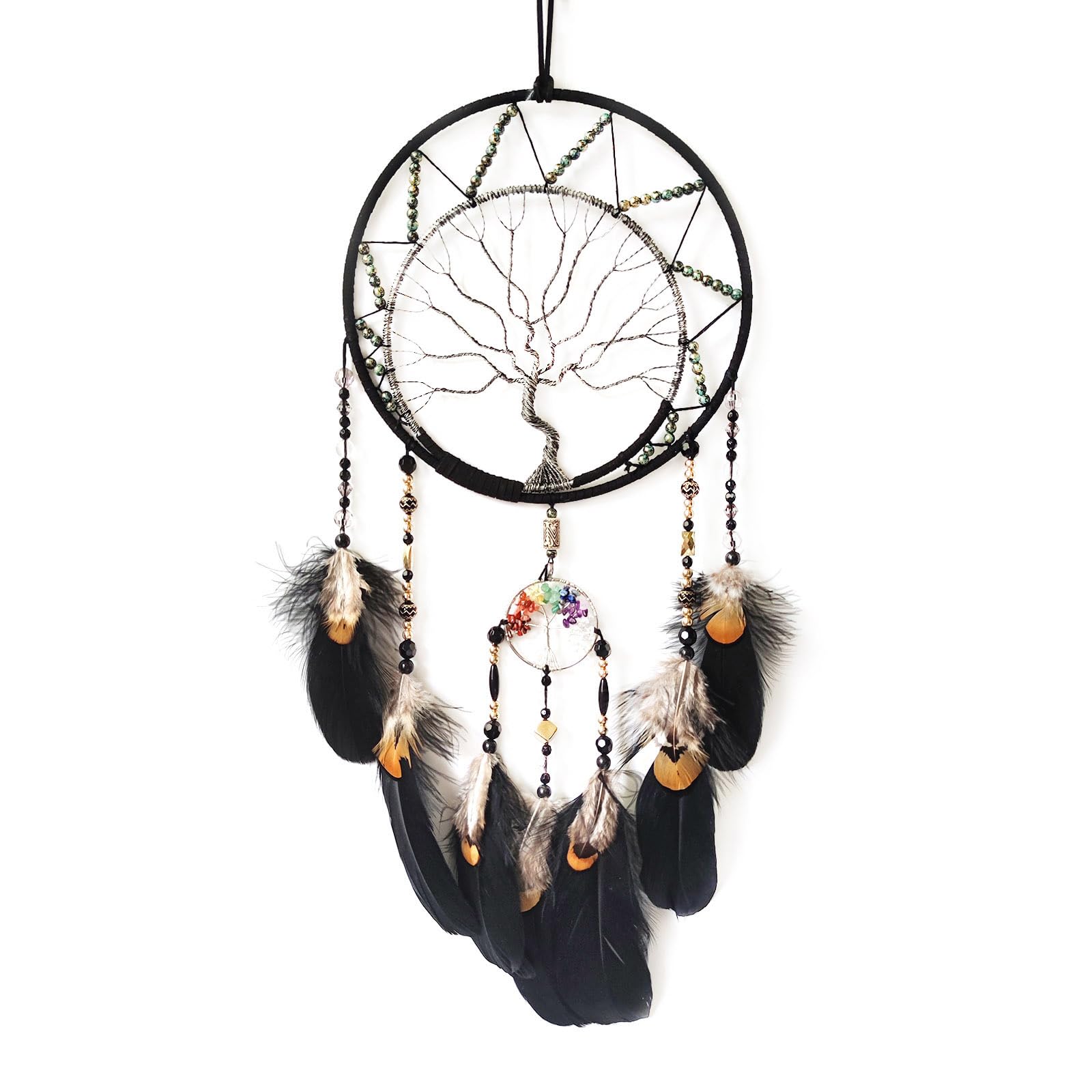 Donko Black Large Dream Catcher Wall Decor Crystal Tree of Life Dream Catchers Handmade Feather Dreamcatcher Wall Hanging Ornament for Bedroom Living Room Home Decor