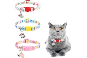 DILLYBUD 3 Pack Breakaway Cat Collars with Bell & Pendant- Cat Collar for Girl Boy Cats with Safety Buckle for Cat Birthday Decorations- Cute Kitten Collar Adjustable 8"-12" for Kitty Puppy Small Pets