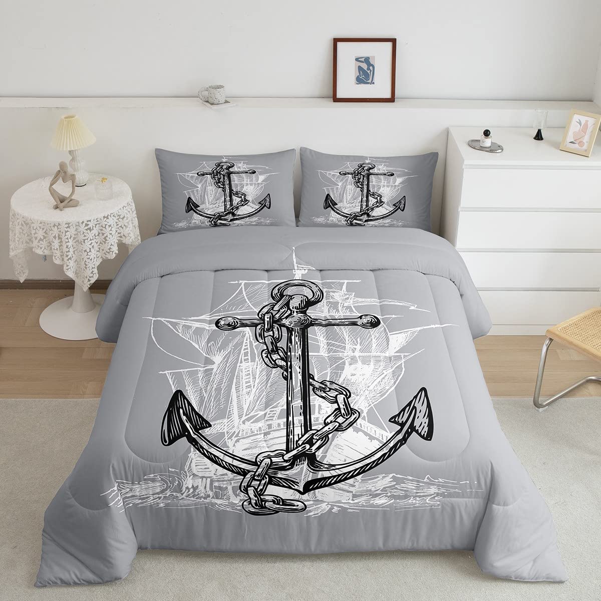 Homemissing Nautical Anchor Comforter Set Nautical Bedding Set for Kids Boys Girls Sailboat Down Comforter Sea Adventure Comforter Set Double Size
