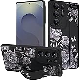 MOWIME for Samsung Galaxy S25 Ultra Case with Wrist Strap, Cute Flower Rose Butterfly Design Soft TPU Protective Case for Women Girls Slim Shockproof Cover with Adjustable Kickstand Holder - Black