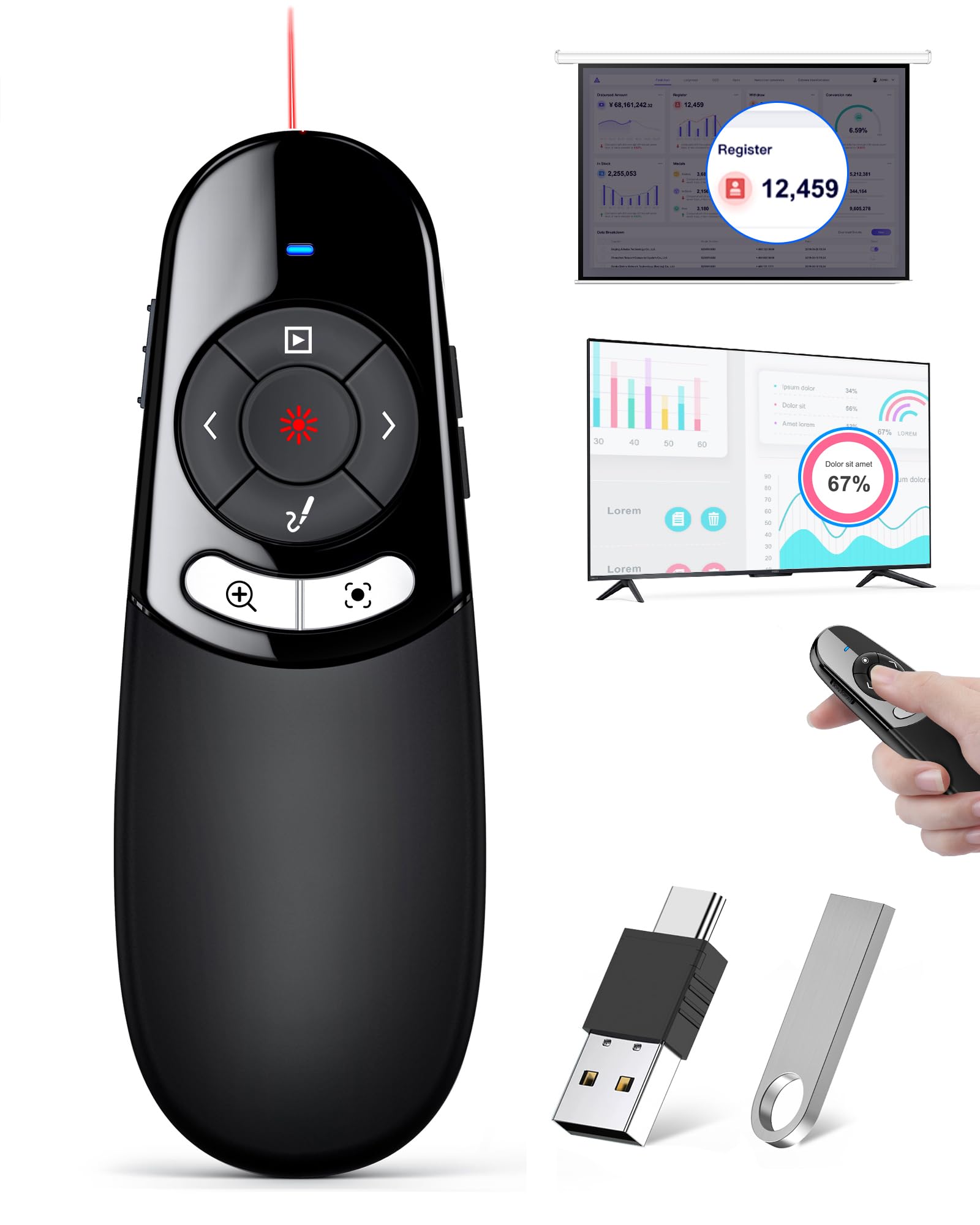 Photo 1 of 2IN1 Laser Pointer Digital Presentation Clicker on TV Screen w USB Flash Drive, Highlight Clicker for Powerpoint Presentation USB C A for Laptop MacBook Computer, PPT Clicker for Office Classroom