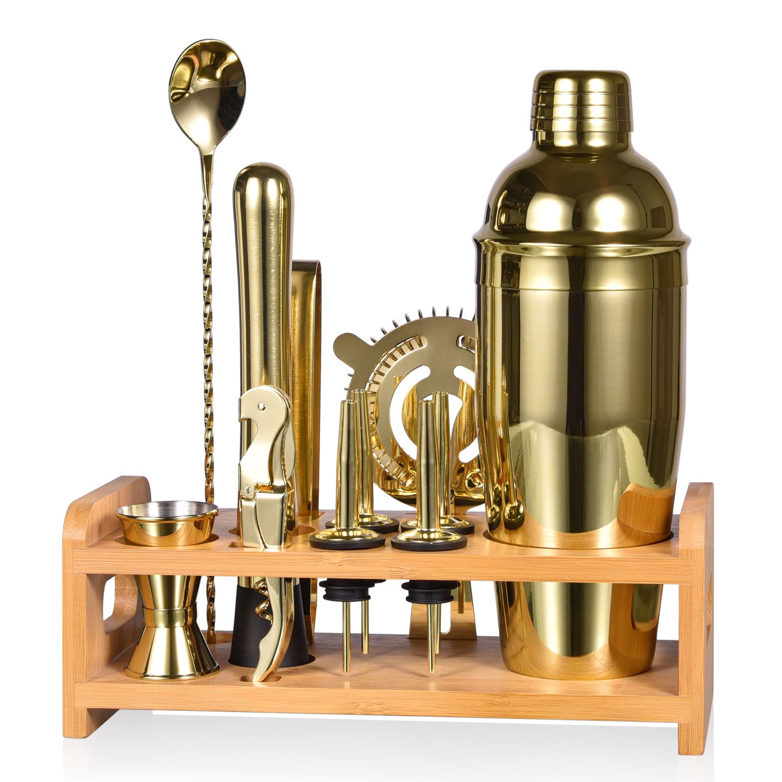 Esmula 750ml Cocktail Making Set with Bamboo Stand, 12 Piece Cocktail Shakers Kit for Mixed Drink, Professional Stainless Steel Bartender Bar Tool Set-Cocktail Recipes Booklet (Gold)