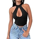 REORIA Women's Sexy Criss Cross Halter Neck Crop Tops Trendy Sleeveless Y2K Nightout Clubwear Going Out Tops