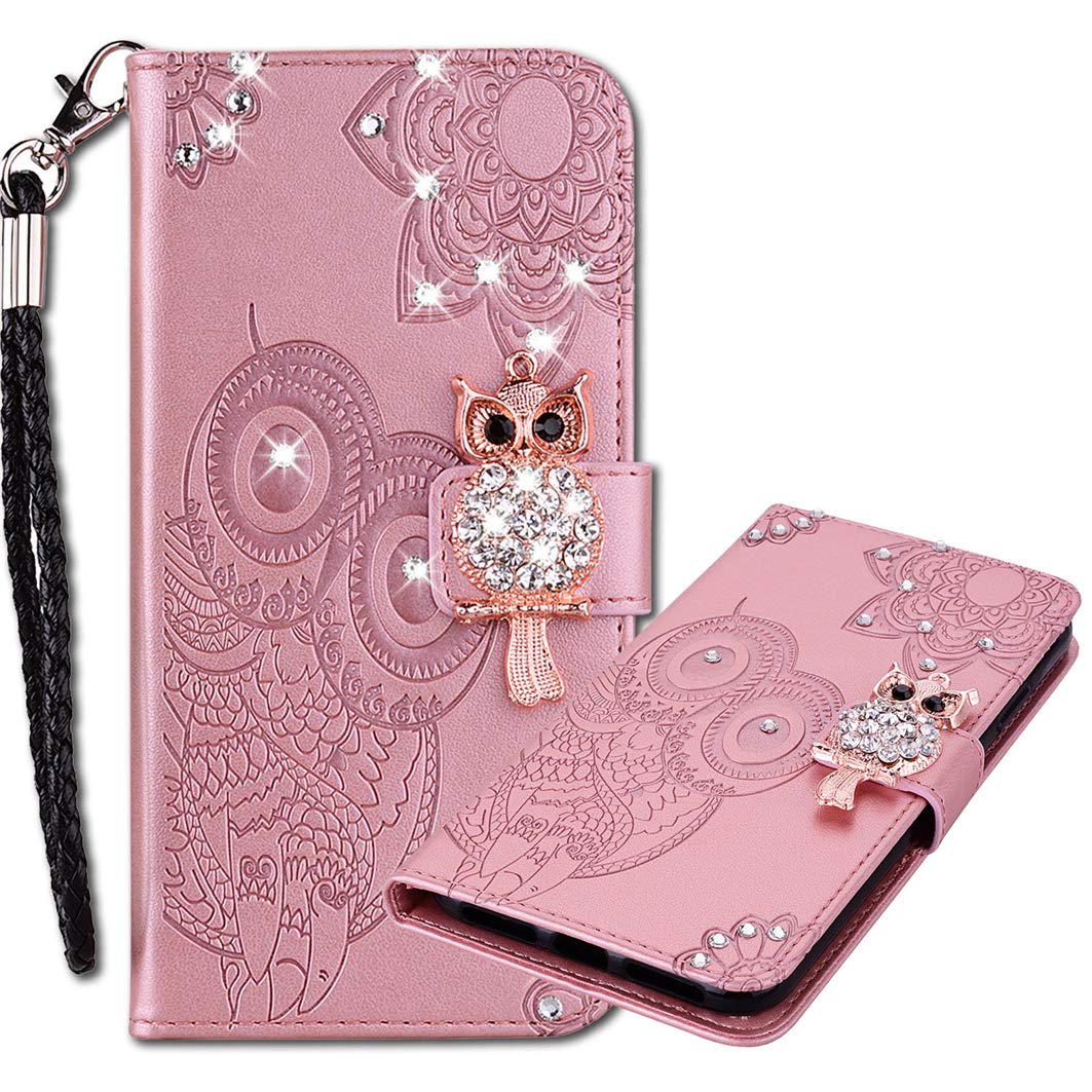 MRSTER iPhone 13 Pro Max Case, Flip PU Leather Wallet Phone Case with Wrist Strap Handmade Bling Diamond Protective Cover for Apple iPhone 13 Pro Max (6.7"). Owl Rose Gold
