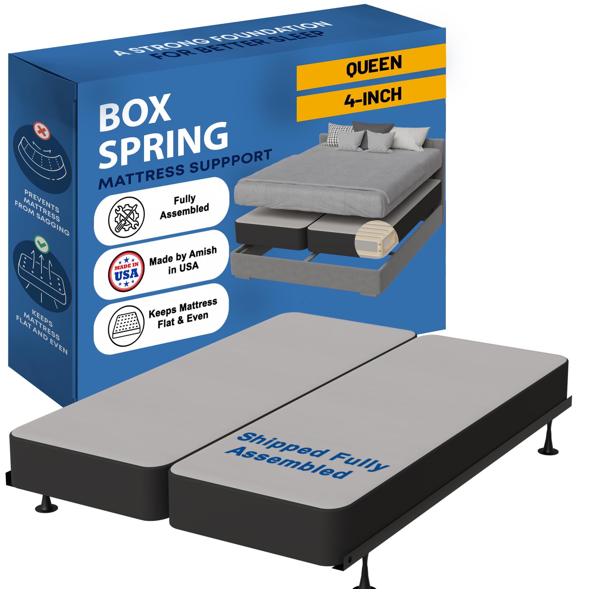 Photo 1 of ***DAMAGE RIPPED/TEAR -SELLING AS IS *** Greaton, Box Spring Bed Base Queen Size, 4-Inch Wood Mattress Foundation – Amish Made in USA – Quiet Noise Free, 2-Pieces Under Mattress-Support BoxSpring, Fully Assembled, Gray