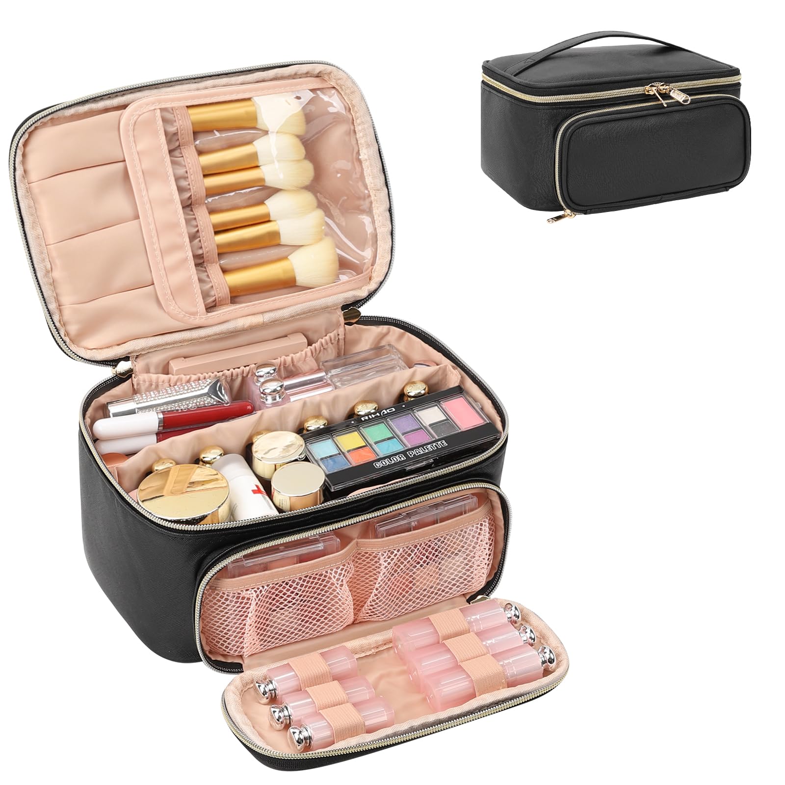 Photo 1 of OCHEAL Makeup Bag, Multifunctional Make Up Bags with Zipper Pouch Large Compact Makeup Bag Organizer for Women Girls Cosmetics Toiletry Brushes Storage Makeup Case with Handle Divider-Black