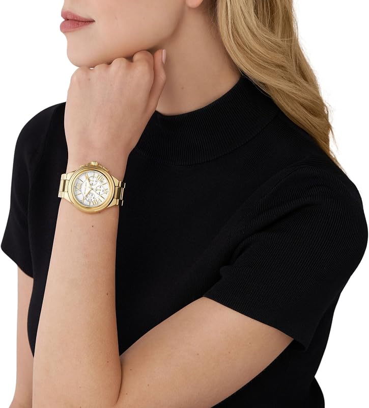 Relógio feminino michael kors camille, movimento cronógrafo, caixa de aço inoxidável dourado de 43 mm com pulseira de aço inoxidável, mk7270