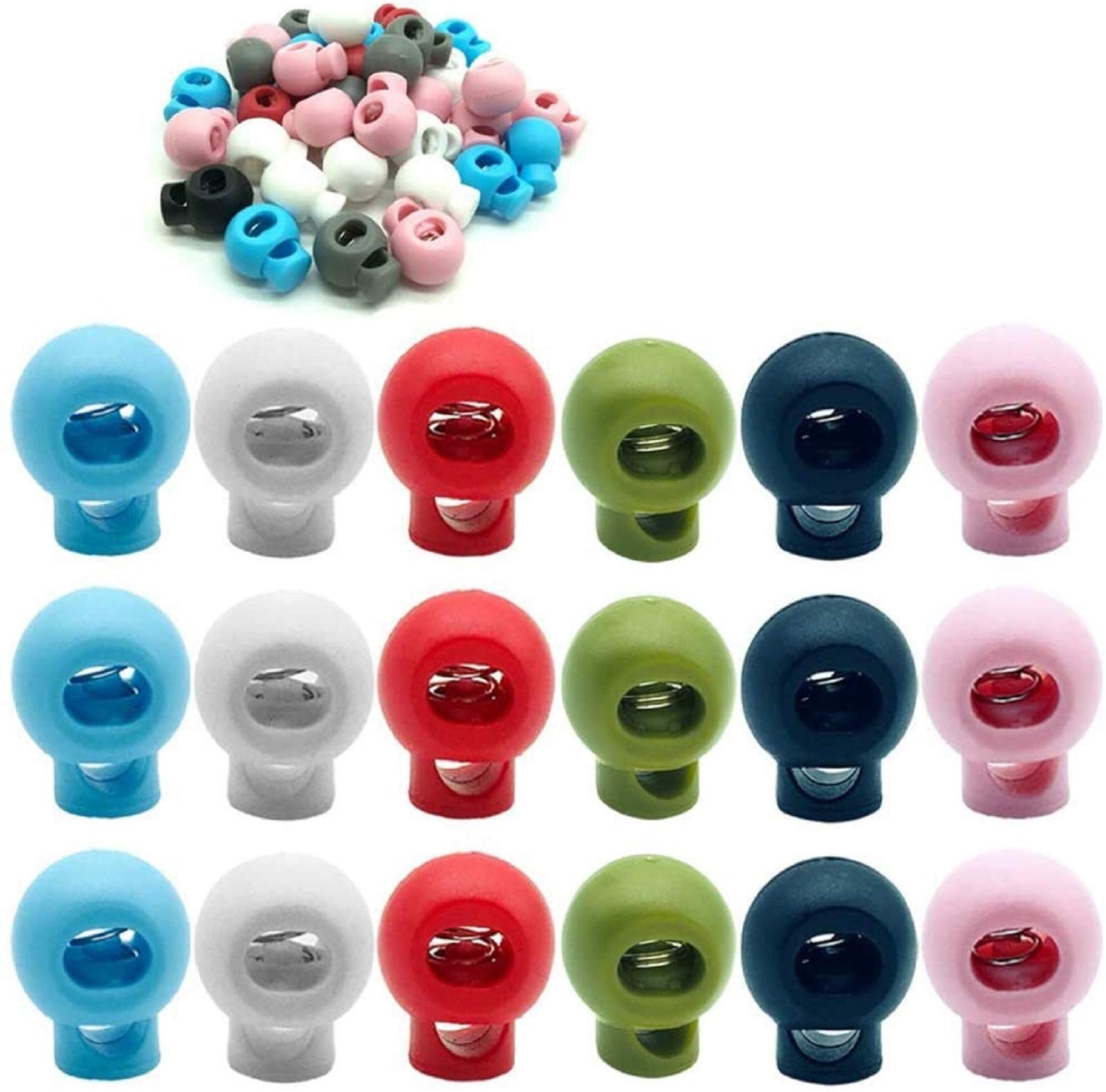 CKANDAY 60 Pcs Plastic Cord Locks, Single Hole End Spring Toggle Stopper Slider for Drawstring Backpack Rucksack Craft Supplies - 6 Colors,Round Ball Shape