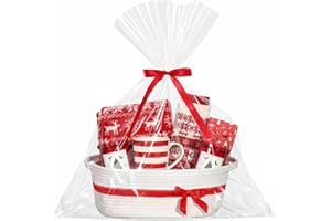 Colingmill Woven Christmas Gift Basket Empty with Ribbons Bow Tie and Bag, Empty Decorative Chest Box, 14" X10" x 5.5", Woven Rope Basket Storage for Gifts with Handles Home Decor(White Red)