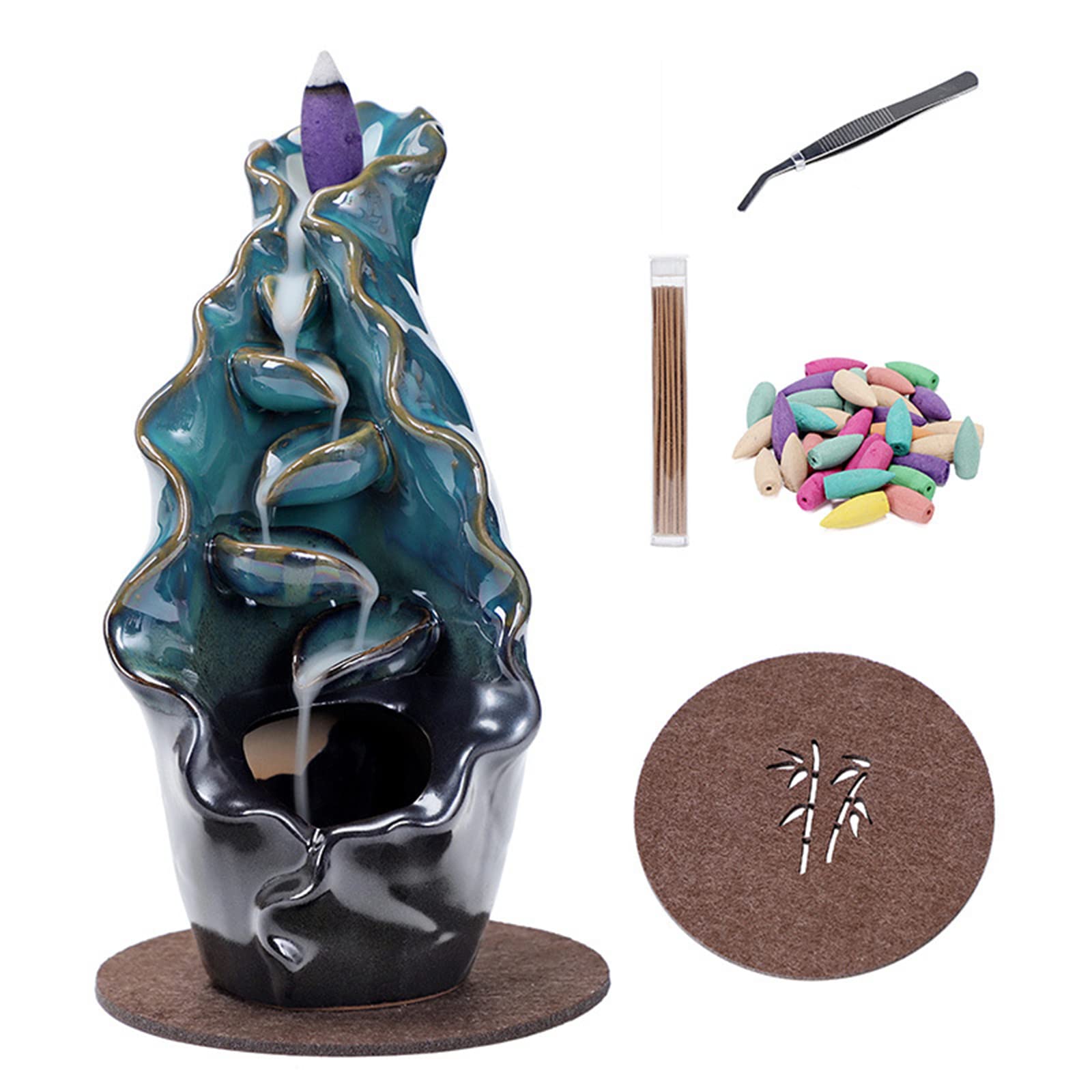 Ceramic Waterfall Incense Burner, with 20 Backflow Cones & 30 Incense Sticks, Aromatherapy Home & Desk Decor