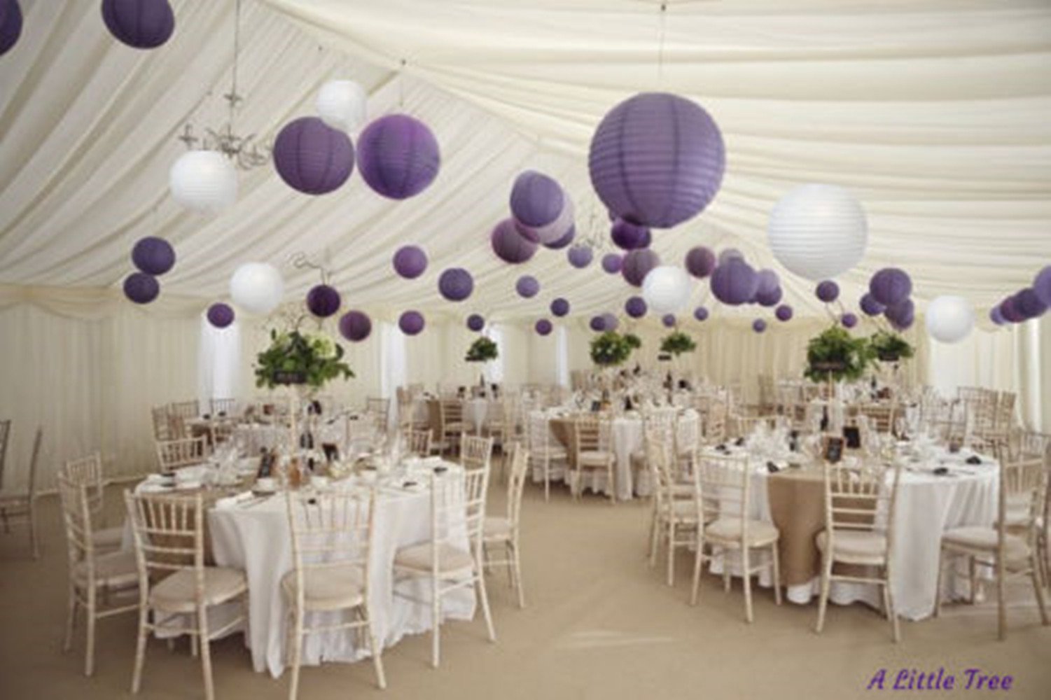 "A Liittle Tree" Mixed SIZE New Round Paper Lanterns Lamp Shade Wedding Birthday Party Events (White & Purple, 24(6 x 8" + 6 x 10" + 6 x 12" + 6 x 14"))