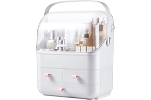 SUNFICON Preppy Skincare Organizers Makeup Organizer Holder Beauty Cosmetic Storage Box Large Display Case Dust Free Cover Portable Handle 2 Rroomy Drawers Gift Great For Bathroom Countertop White