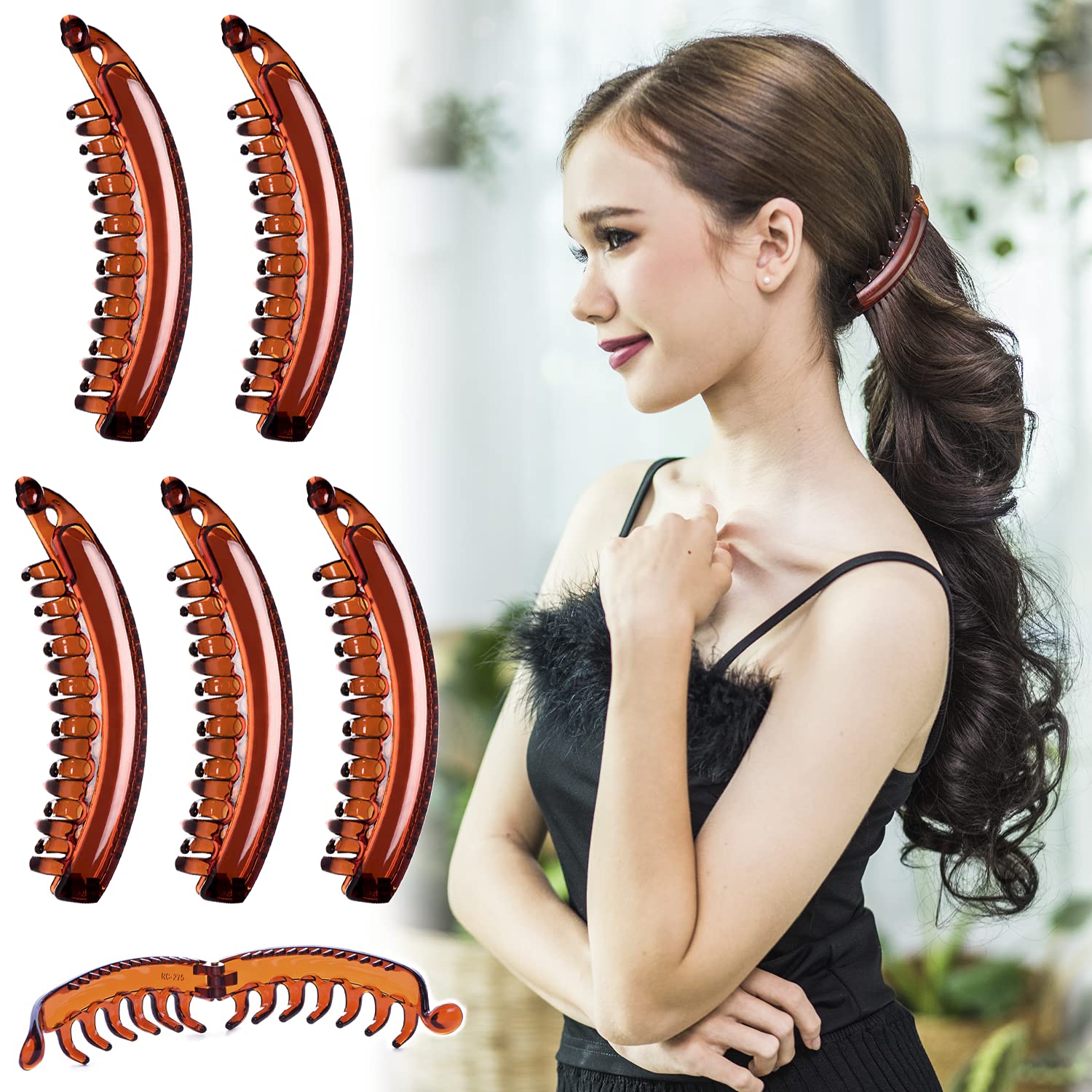 RC ROCHE 6 Pcs Large Banana Hair Clips Claws for Women Thick Curly Ponytail Holder Maker Big Comb No Crease Strong Hold Styling Clasp, Medium Brown