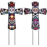 hogardeck Dia de Los Muertos Decorations, Set of 2 Day of The Dead Cross Sugar Skull Decorative Garden Stakes, Metal Halloween Decorations Yard Signs for Outside Garden Lawn Porch Patio Party