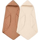 MIGIOL Hooded Baby Bath Towels 100% Muslin Cotton Baby Bath Towel for Infant, Toddler and Kids,Soft and Absorbent Newborn Essential,Large 32x32Inch 2 Pieces Coffee & Beige