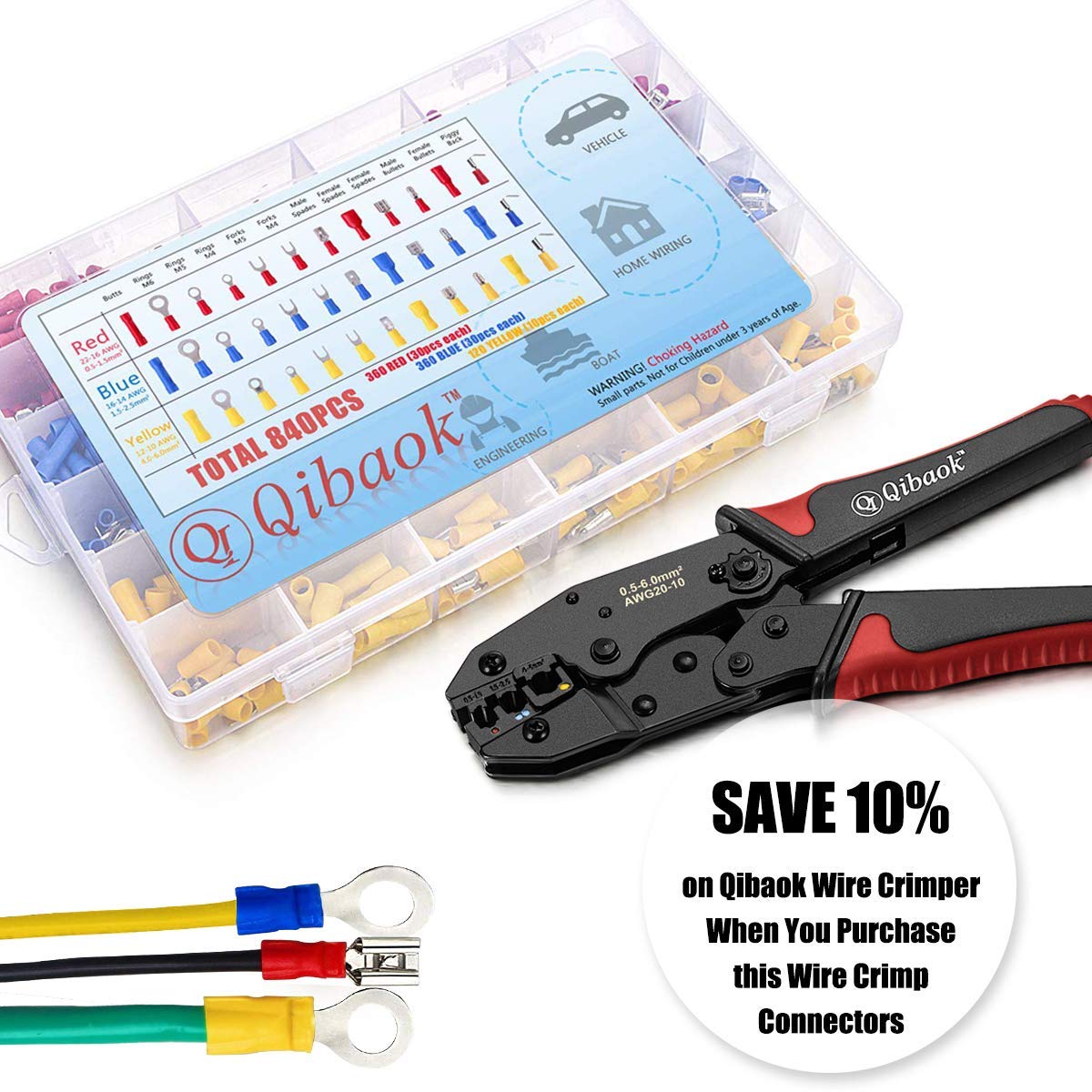 Qibaok 840PCS Electrical Wire Connectors, Insulated Wire Crimp Terminals, Mixed Butt Ring Fork Spade Bullet Quick Disconnect Assortment Kit: Industrial & Scientific