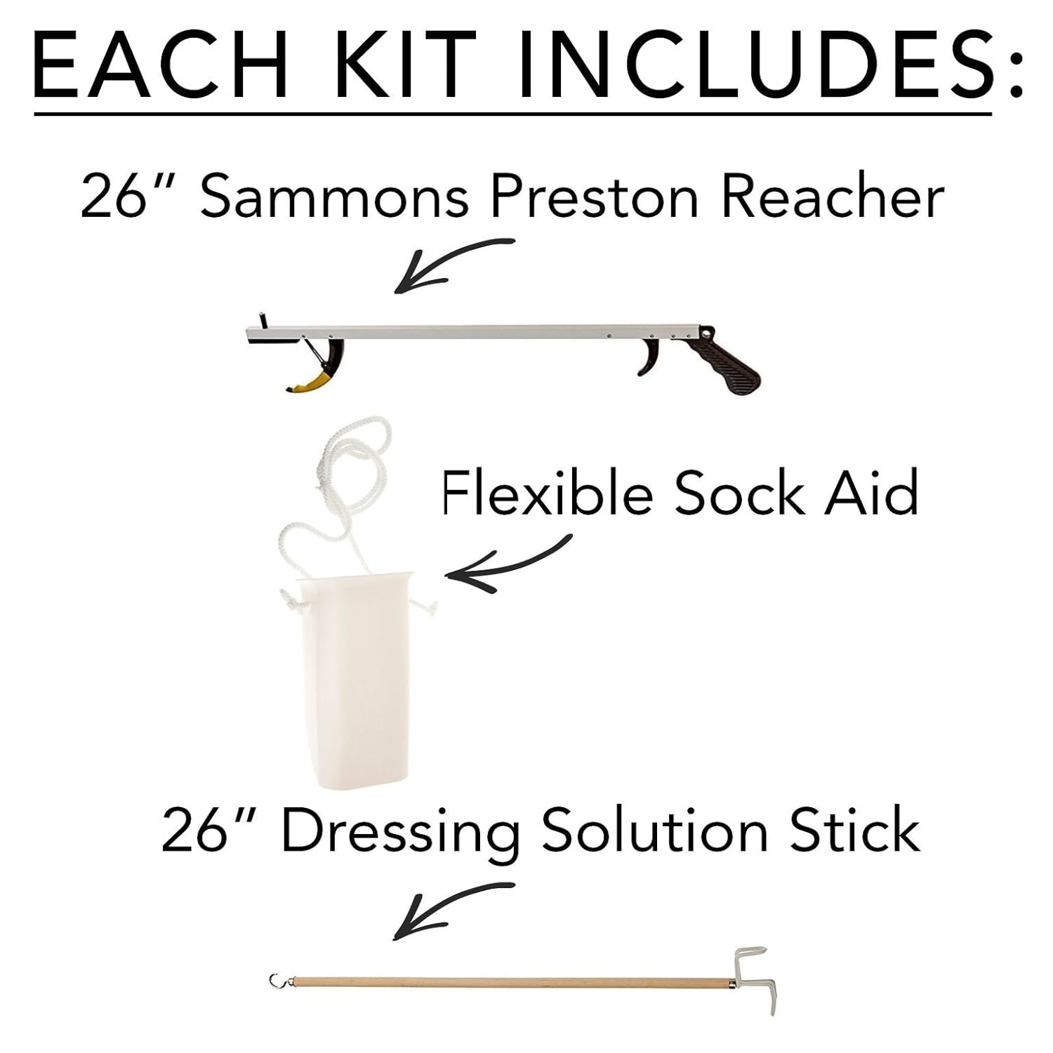 Sammons Preston 49853 Assistive Device Kit 5, Includes 26" SPR Reacher, Wide Sock Aid & 26" Dressing Stick, Adaptive Dressing & Independent Daily Living Aid for Those with Limited Reaching Ability: Industrial & Scientific