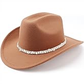 Western Cowboy Hats for Women Classic Felt Wide Brim Fedora Hat with Belt Buckle Retro Panama Hat Unisex Rolled up Cap