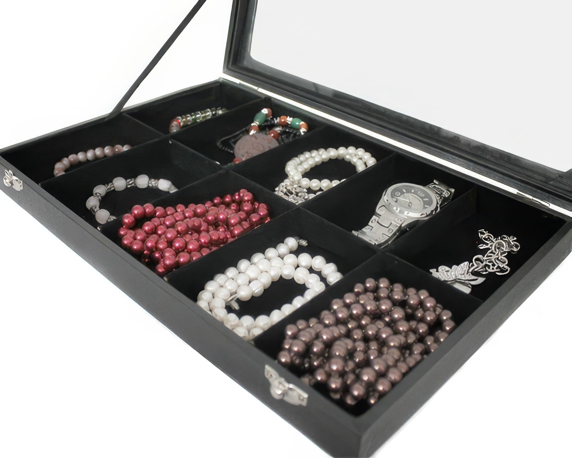 YUDU Jewellery Display Organiser with Glass Lid 10 Compartments