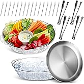 Baderke 2 Sets 11.8" Chilled Serving Tray for Parties Round Iced Platter with Ice Underneath Stainless Steel Clip Fruit Fork Shrimp Cocktail Serving Dish for Oysters Crawfish Fruits (Original)