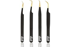 SIVOTE Fiber Tip Lash Tweezers for Eyelash Extensions with Diamond Grip, Black, Set of 4 - Precise Tips Japanese Steel for Classic, Volume & Mega Volume Lashes, Anti-Rust - Ideal for Lash Artists